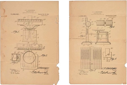 CALVIN FILMORE CHRISTOPHER'S PATENT APPLICATION DRAWING



 - La Nae and Jack McCracken own the original 1912 application for patent drawings for the computing scale, precursor of today’s modern market scales and gasoline tank measuring devices, by Calvin Filmore Christopher. The inventor lived in Bethel and is NC’s most prolific inventor. Christopher’s scale invention is the forerunner of scales used all over the world.