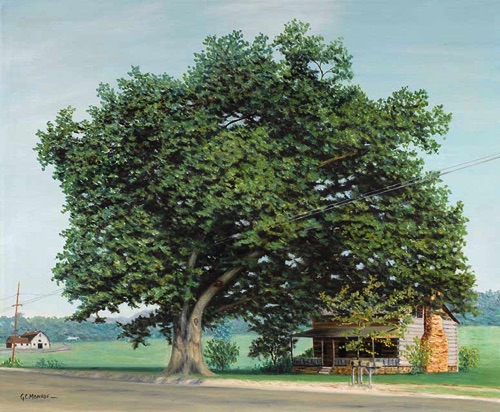 OSBORNE BOUNDRY OAK



 - The painting of Osborne Boundary Oak, Osborne Farm, and the original log cabin beside the tree is loaned to the Historic Preservation Committee by Jackie Stephens, Curator of the Museum of North Carolina Handicrafts in Shelton House. The mid-20th century piece, painted by G.C. Monroe, depicts the tree that was used as a boundary marker in 1792. BRCO and citizens in the community have worked to save the historic tree.